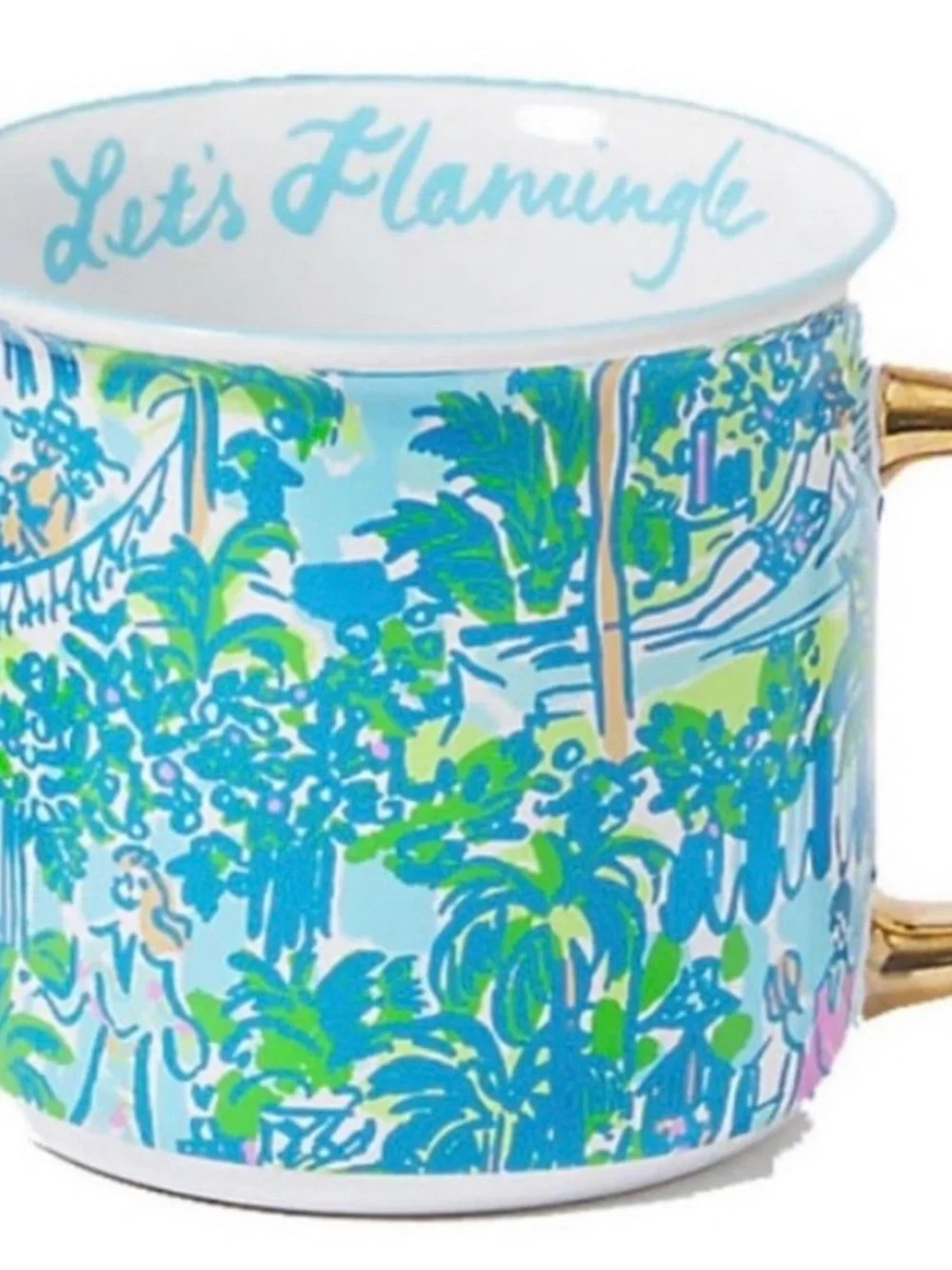 NWT—-Lilly Pulitzer Tropical Palm Pattern Ceramic Mug in Aqua, Green & Pink